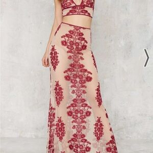 For Love and Lemons Temecula Maxi Skirt set in Red and Nude colors